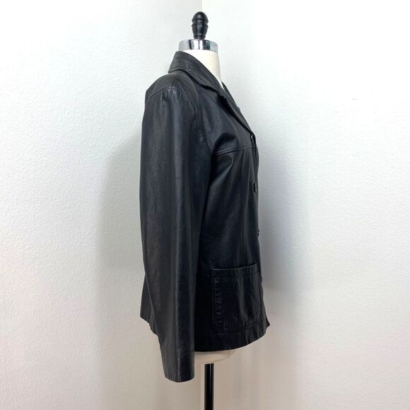 Outdoor Exchange Black Leather Jacket Womans Small Button Front Pockets Goth Hip - Picture 9 of 11
